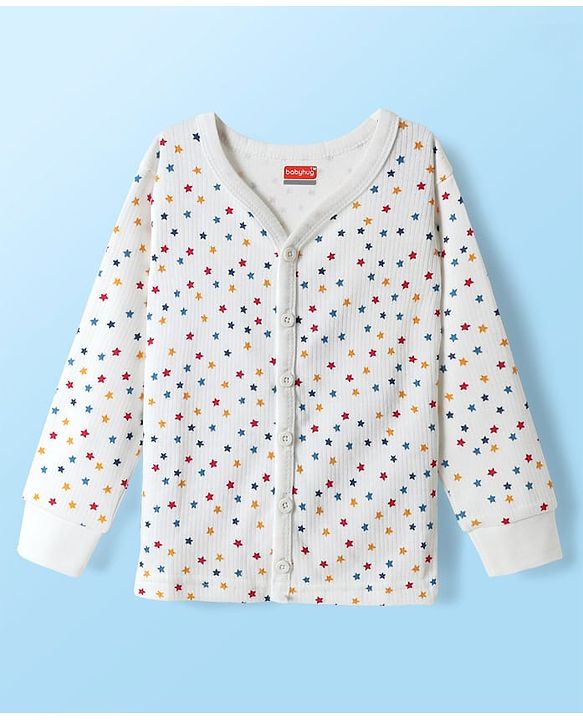Babyhug Knit  Full Sleeves Front Open Thermal Vest And Pant Set With Star Print - Off-White