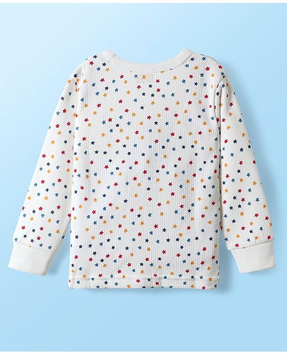 Babyhug Knit  Full Sleeves Front Open Thermal Vest And Pant Set With Star Print - Off-White