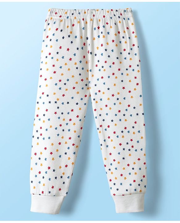Babyhug Knit  Full Sleeves Front Open Thermal Vest And Pant Set With Star Print - Off-White