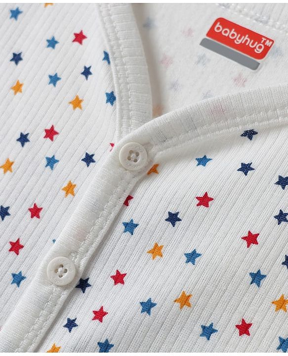 Babyhug Knit  Full Sleeves Front Open Thermal Vest And Pant Set With Star Print - Off-White