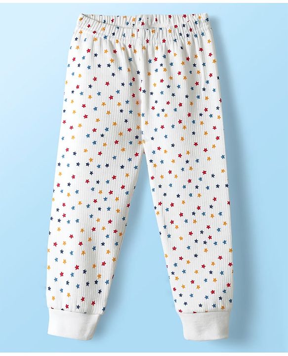 Babyhug Knit  Full Sleeves Front Open Thermal Vest And Pant Set With Star Print - Off-White