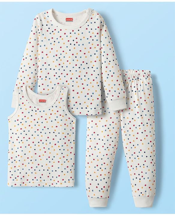 Babyhug  Knit Full Sleeves Thermal Vests & Pant Set with Star Print - Off white