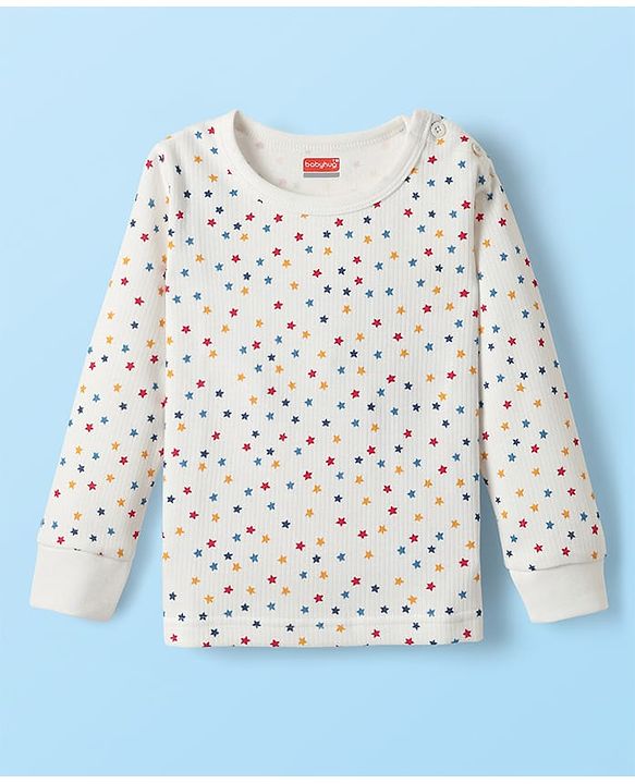 Babyhug  Knit Full Sleeves Thermal Vests & Pant Set with Star Print - Off white