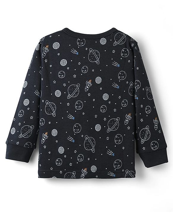 Babyhug Knit  Full Sleeves Front Open Thermal Vest And Pant Set  With Space  Print - Navy Blue