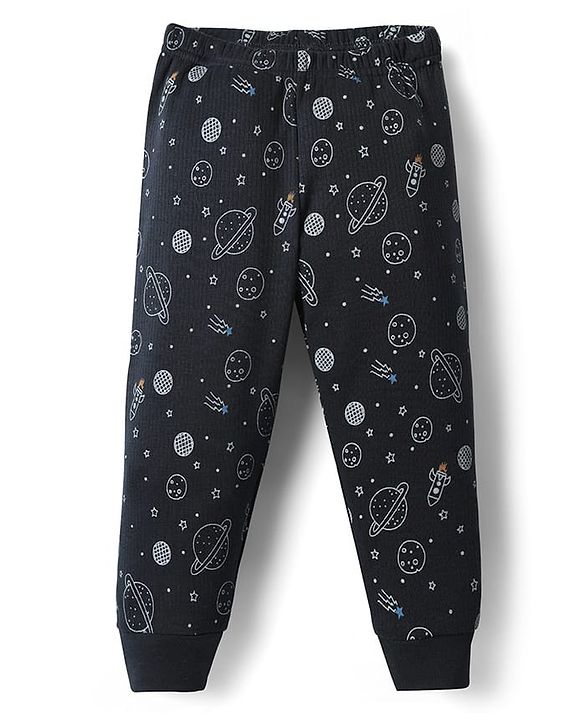 Babyhug Knit  Full Sleeves Front Open Thermal Vest And Pant Set  With Space  Print - Navy Blue
