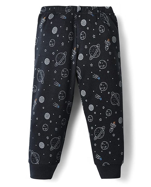 Babyhug Knit  Full Sleeves Front Open Thermal Vest And Pant Set  With Space  Print - Navy Blue