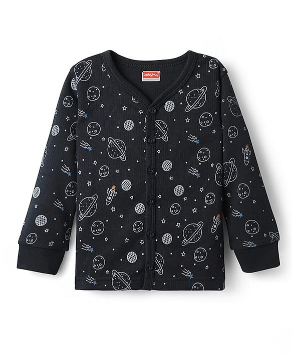 Babyhug Knit  Full Sleeves Front Open Thermal Vest And Pant Set  With Space  Print - Navy Blue