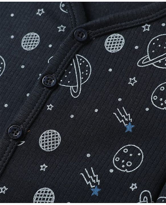 Babyhug Knit  Full Sleeves Front Open Thermal Vest And Pant Set  With Space  Print - Navy Blue