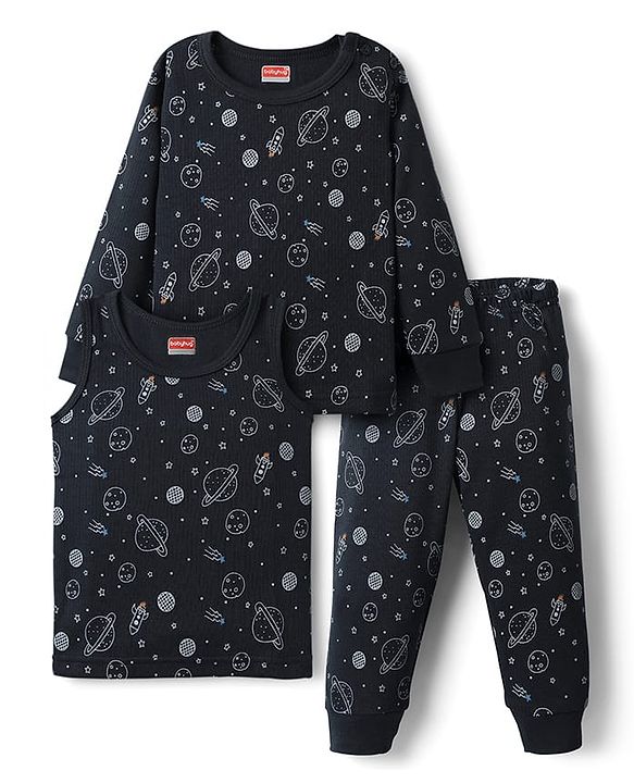 Babyhug  Knit Full Sleeves Thermal Vests & Pant Set with Space Print - Navy Blue