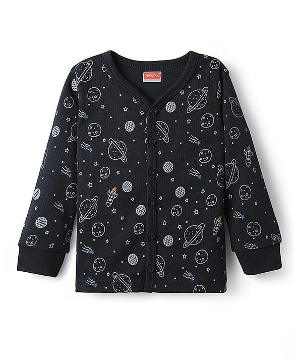 Babyhug  Knit Full Sleeves Thermal Vests & Pant Set with Space Print - Navy Blue