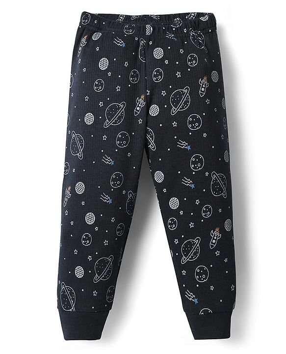 Babyhug  Knit Full Sleeves Thermal Vests & Pant Set with Space Print - Navy Blue