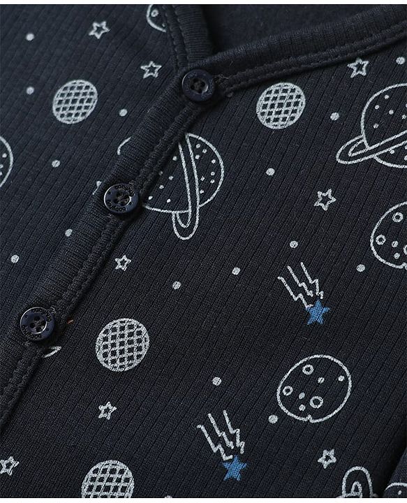 Babyhug  Knit Full Sleeves Thermal Vests & Pant Set with Space Print - Navy Blue