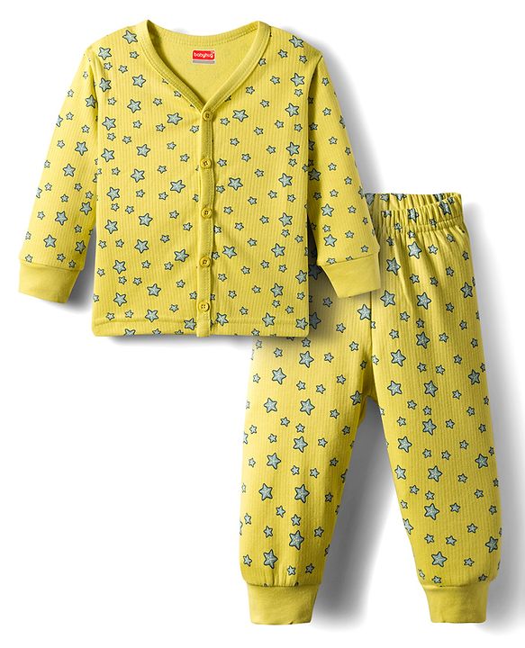 Babyhug Knit Full Sleeves Front Open Thermal Co-Ord Set With Star Print - Lime Green