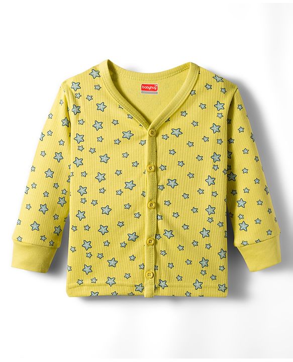 Babyhug Knit Full Sleeves Front Open Thermal Co-Ord Set With Star Print - Lime Green