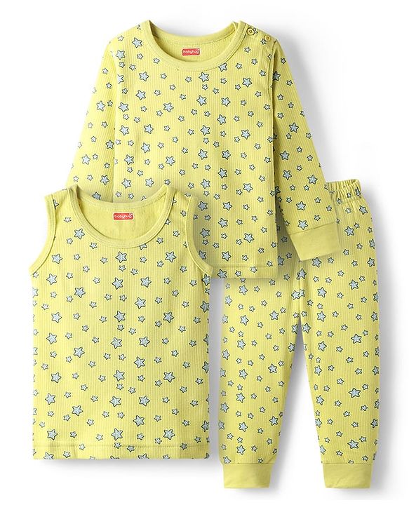 Babyhug Cotton Knit Full Sleeves Star Printed Thermal Wear Set With Vest - Lime Green