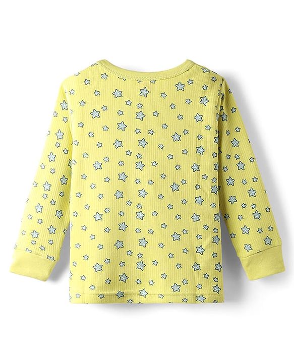 Babyhug Cotton Knit Full Sleeves Star Printed Thermal Wear Set With Vest - Lime Green