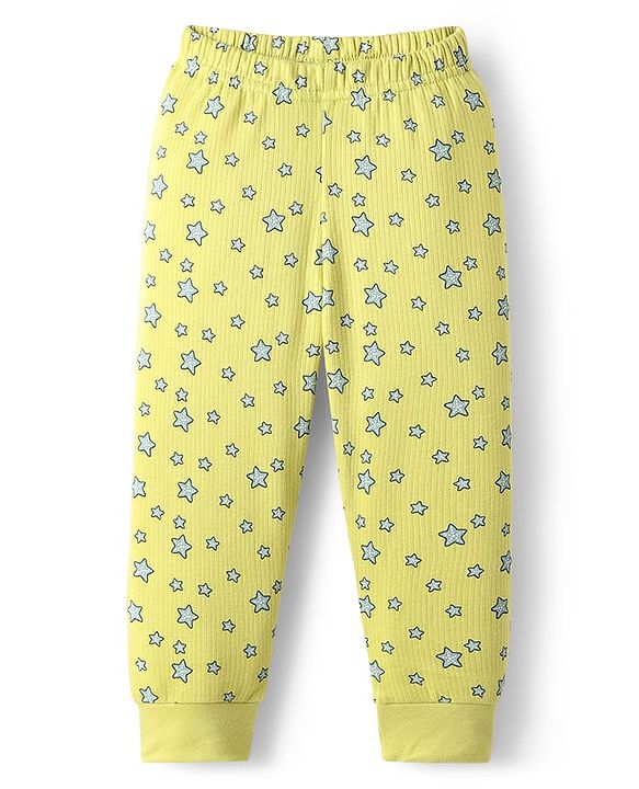 Babyhug Cotton Knit Full Sleeves Star Printed Thermal Wear Set With Vest - Lime Green