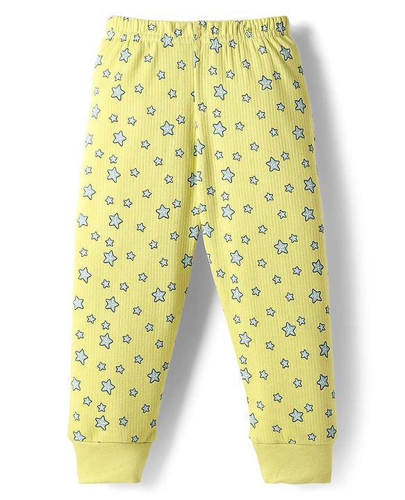 Babyhug Cotton Knit Full Sleeves Star Printed Thermal Wear Set With Vest - Lime Green