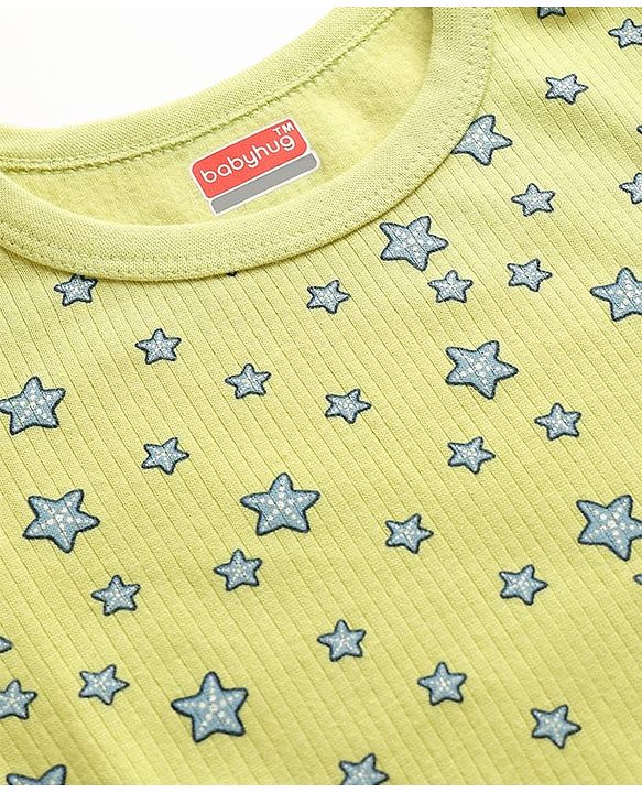 Babyhug Cotton Knit Full Sleeves Star Printed Thermal Wear Set With Vest - Lime Green