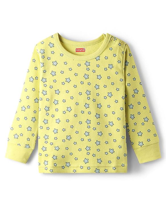 Babyhug Cotton Knit Full Sleeves Star Printed Thermal Wear Set With Vest - Lime Green