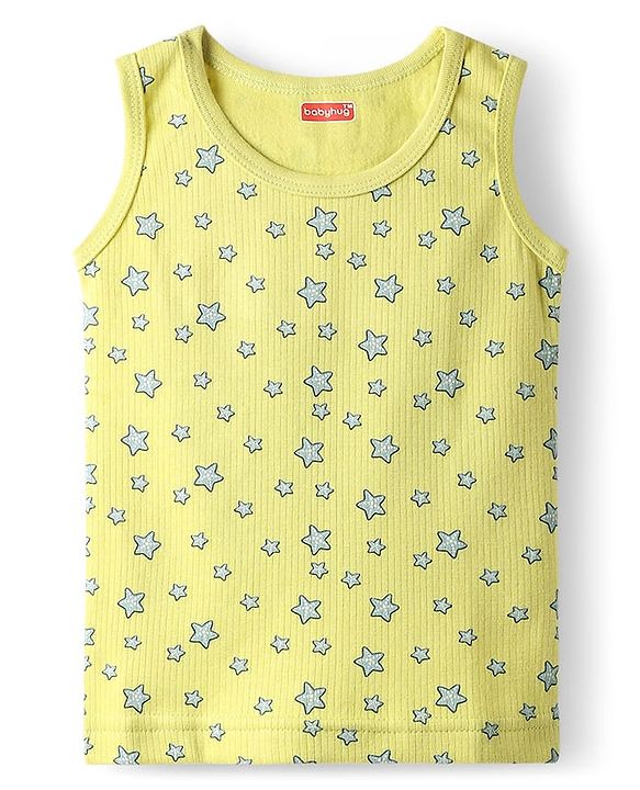 Babyhug Cotton Knit Full Sleeves Star Printed Thermal Wear Set With Vest - Lime Green