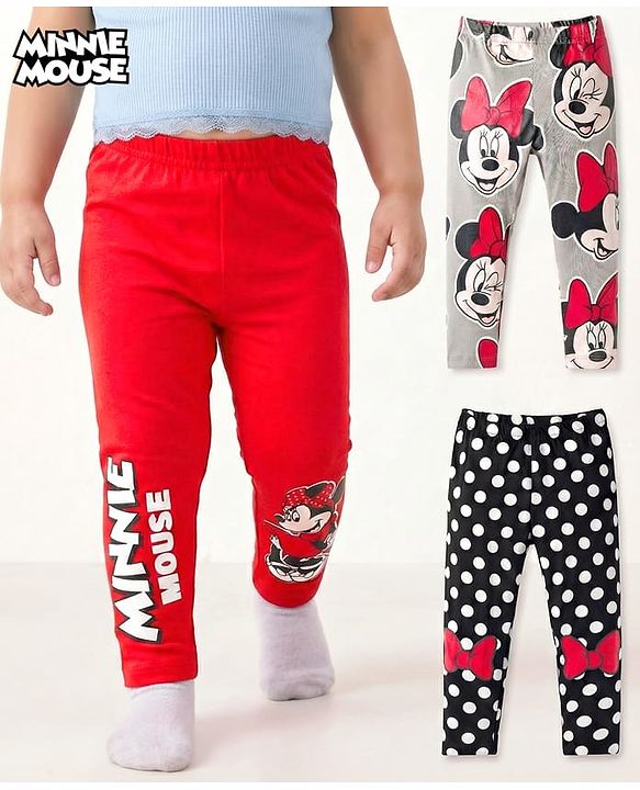Babyhug Disney Cotton Knit Full Length Leggings With Minnie Mouse Graphics Pack Of 3 - Red Black & Grey