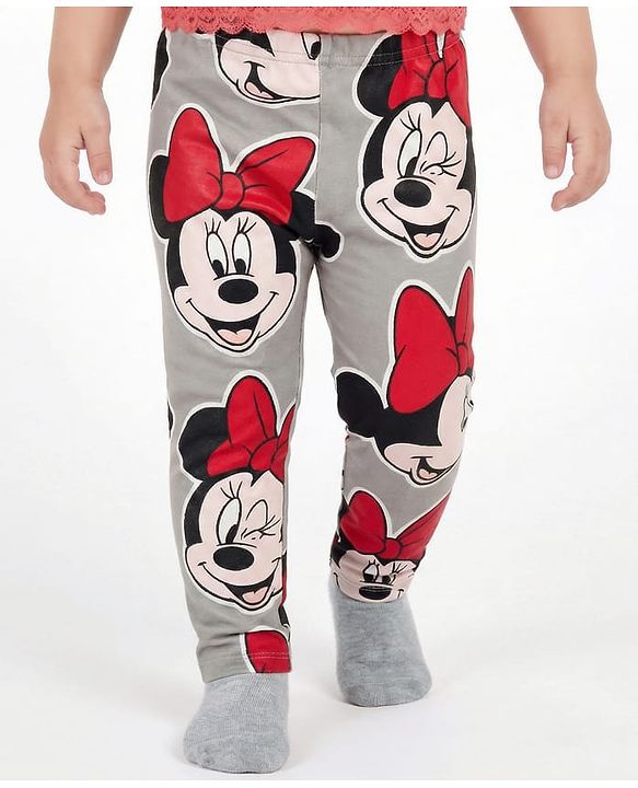 Babyhug Disney Cotton Knit Full Length Leggings With Minnie Mouse Graphics Pack Of 3 - Red Black & Grey