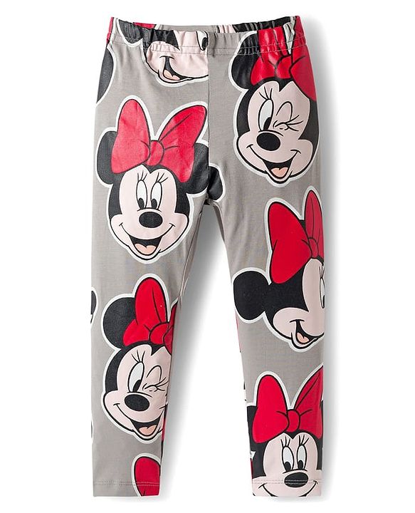 Babyhug Disney Cotton Knit Full Length Leggings With Minnie Mouse Graphics Pack Of 3 - Red Black & Grey