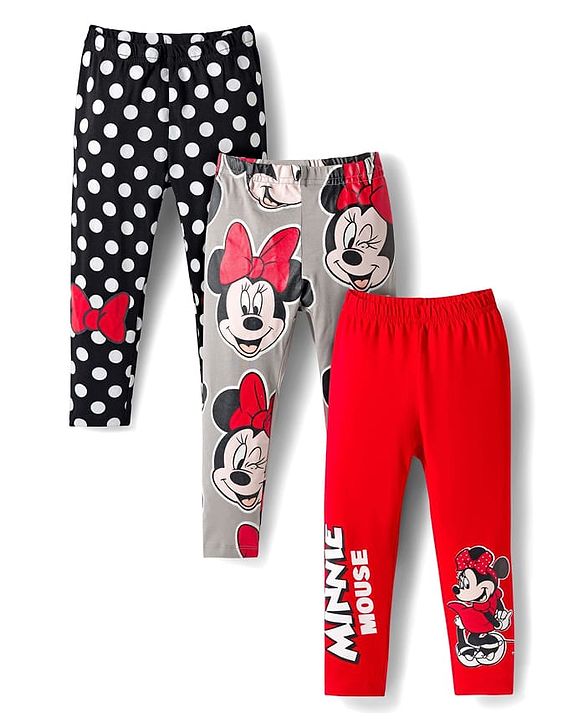 Babyhug Disney Cotton Knit Full Length Leggings With Minnie Mouse Graphics Pack Of 3 - Red Black & Grey