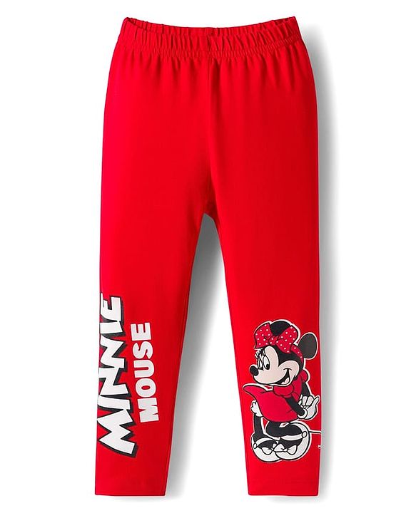 Babyhug Disney Cotton Knit Full Length Leggings With Minnie Mouse Graphics Pack Of 3 - Red Black & Grey