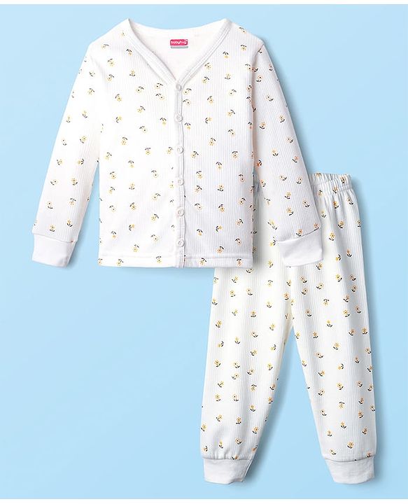Babyhug Cotton Knit Full Sleeves Front Open Thermal Inner Wear Set with Floral Print - Offwhite