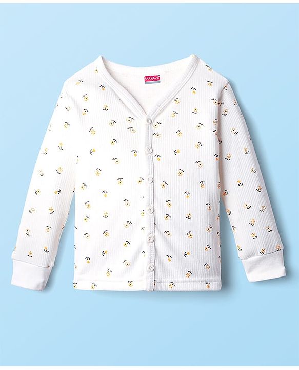 Babyhug Cotton Knit Full Sleeves Front Open Thermal Inner Wear Set with Floral Print - Offwhite