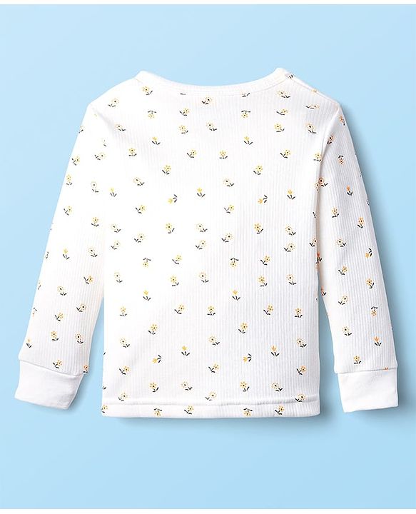 Babyhug Cotton Knit Full Sleeves Front Open Thermal Inner Wear Set with Floral Print - Offwhite