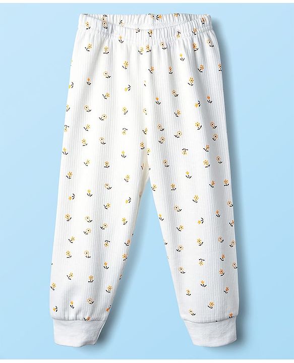 Babyhug Cotton Knit Full Sleeves Front Open Thermal Inner Wear Set with Floral Print - Offwhite