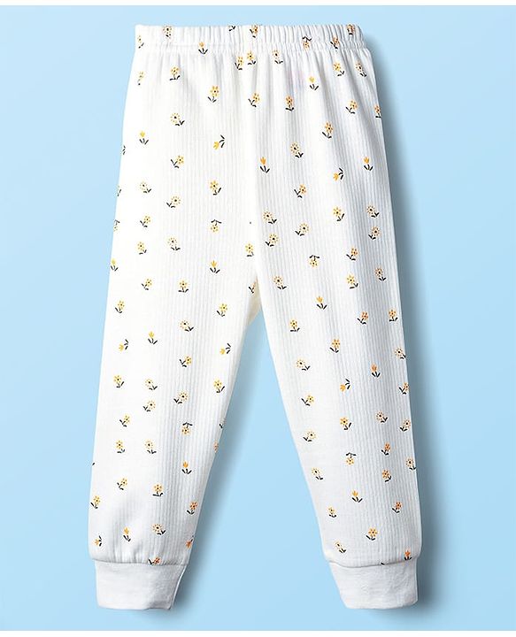 Babyhug Cotton Knit Full Sleeves Front Open Thermal Inner Wear Set with Floral Print - Offwhite