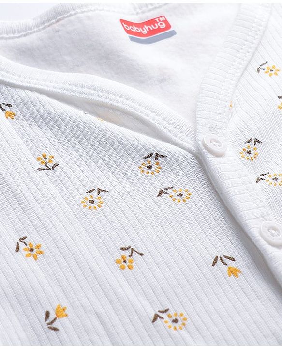 Babyhug Cotton Knit Full Sleeves Front Open Thermal Inner Wear Set with Floral Print - Offwhite
