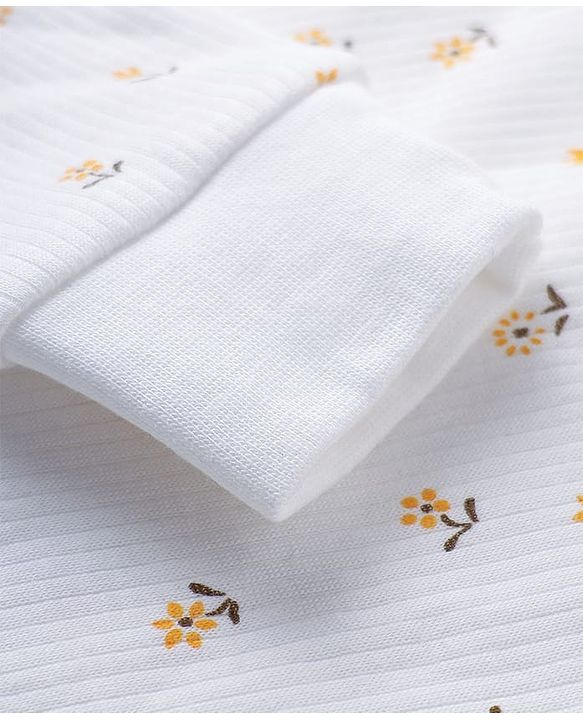 Babyhug Cotton Knit Full Sleeves Front Open Thermal Inner Wear Set with Floral Print - Offwhite