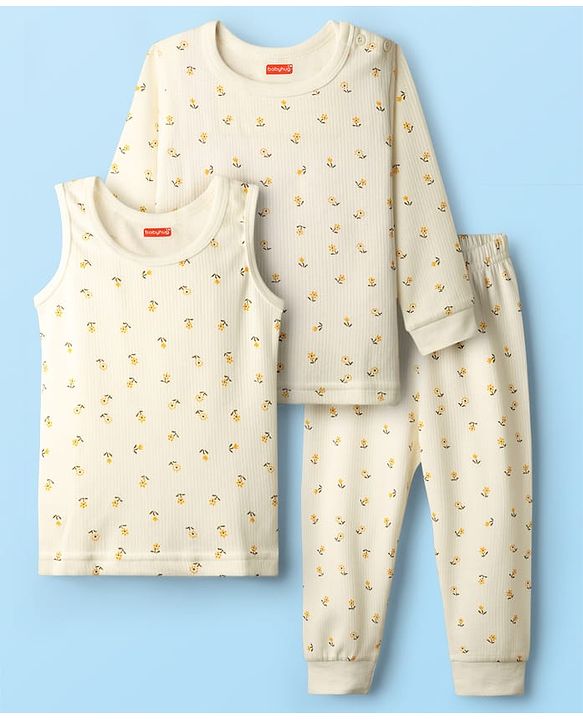 Babyhug Cotton Knit Full Sleeves Thermal Inner Wear Set with Sando Vest & Floral Print - Offwhite