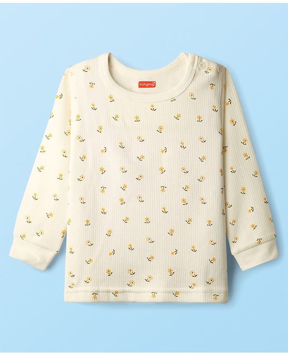Babyhug Cotton Knit Full Sleeves Thermal Inner Wear Set with Sando Vest & Floral Print - Offwhite