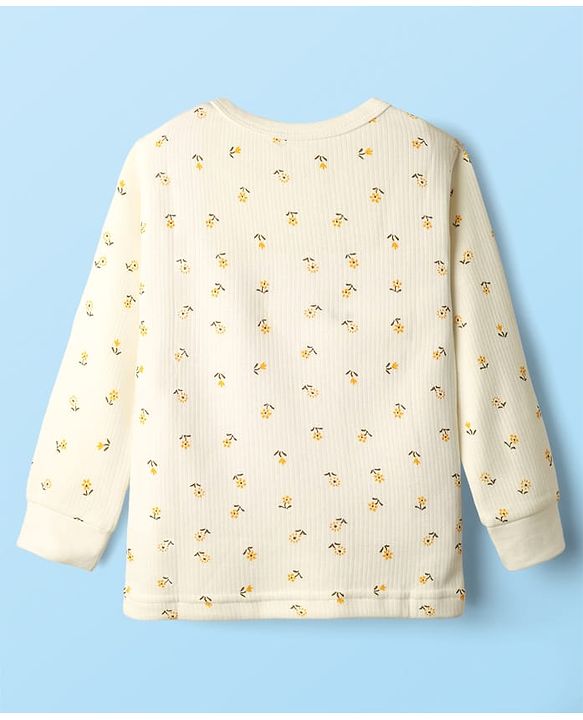 Babyhug Cotton Knit Full Sleeves Thermal Inner Wear Set with Sando Vest & Floral Print - Offwhite