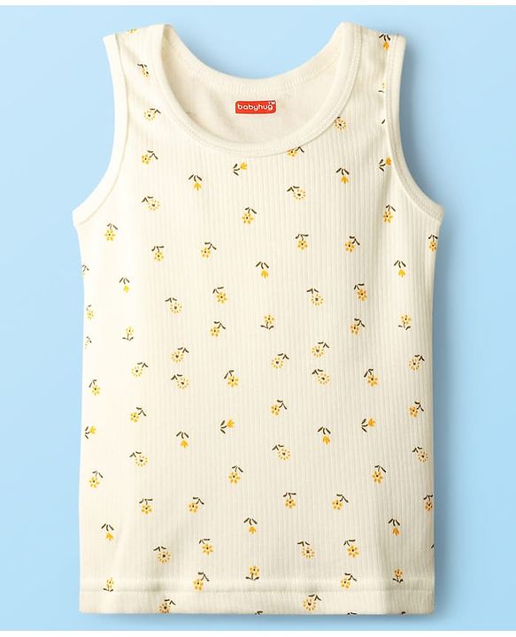 Babyhug Cotton Knit Full Sleeves Thermal Inner Wear Set with Sando Vest & Floral Print - Offwhite