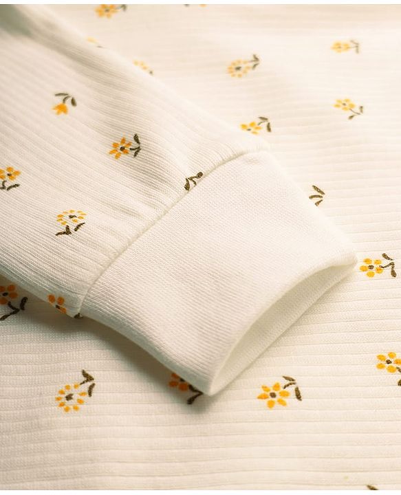 Babyhug Cotton Knit Full Sleeves Thermal Inner Wear Set with Sando Vest & Floral Print - Offwhite