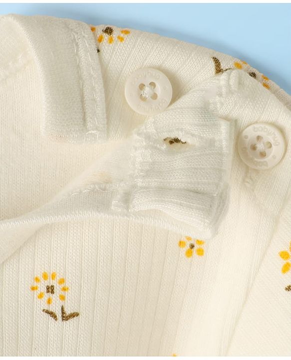 Babyhug Cotton Knit Full Sleeves Thermal Inner Wear Set with Sando Vest & Floral Print - Offwhite
