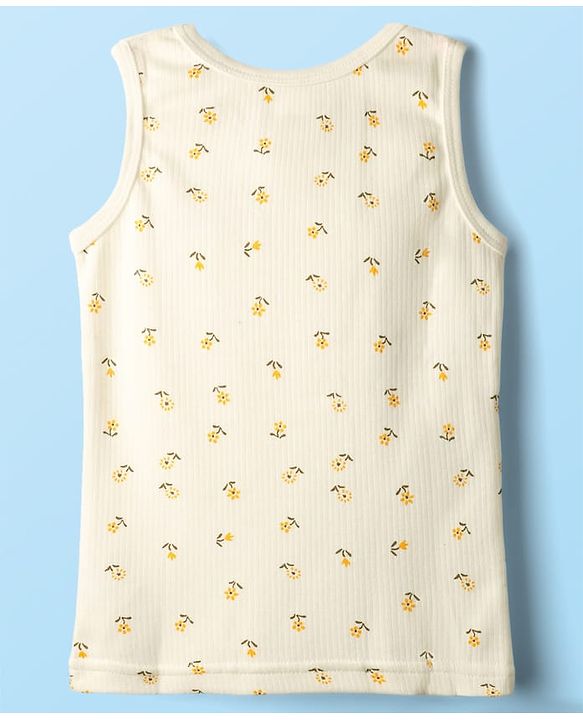 Babyhug Cotton Knit Full Sleeves Thermal Inner Wear Set with Sando Vest & Floral Print - Offwhite