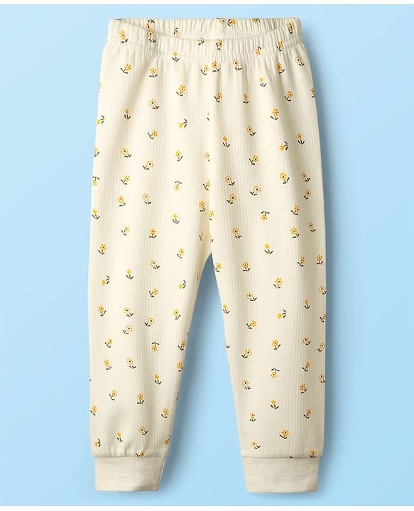 Babyhug Cotton Knit Full Sleeves Thermal Inner Wear Set with Sando Vest & Floral Print - Offwhite