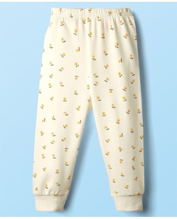 Babyhug Cotton Knit Full Sleeves Thermal Inner Wear Set with Sando Vest & Floral Print - Offwhite