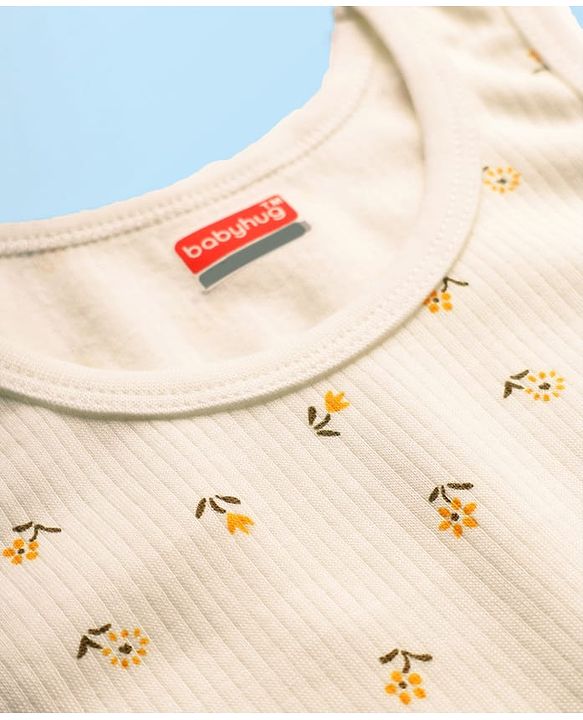 Babyhug Cotton Knit Full Sleeves Thermal Inner Wear Set with Sando Vest & Floral Print - Offwhite