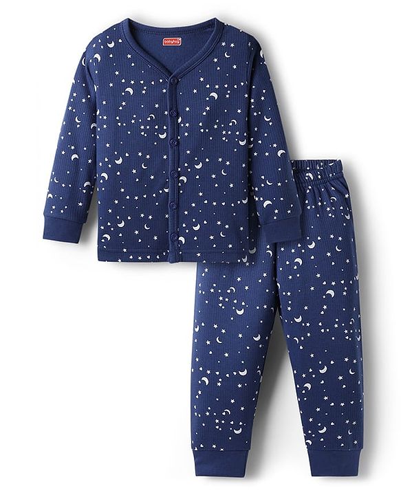 Babyhug Cotton Knit Full Sleeves Front Open Star Printed Thermal Wear Jhabla & Pant Set - Navy Blue