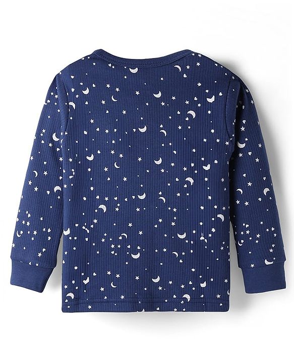 Babyhug Cotton Knit Full Sleeves Front Open Star Printed Thermal Wear Jhabla & Pant Set - Navy Blue