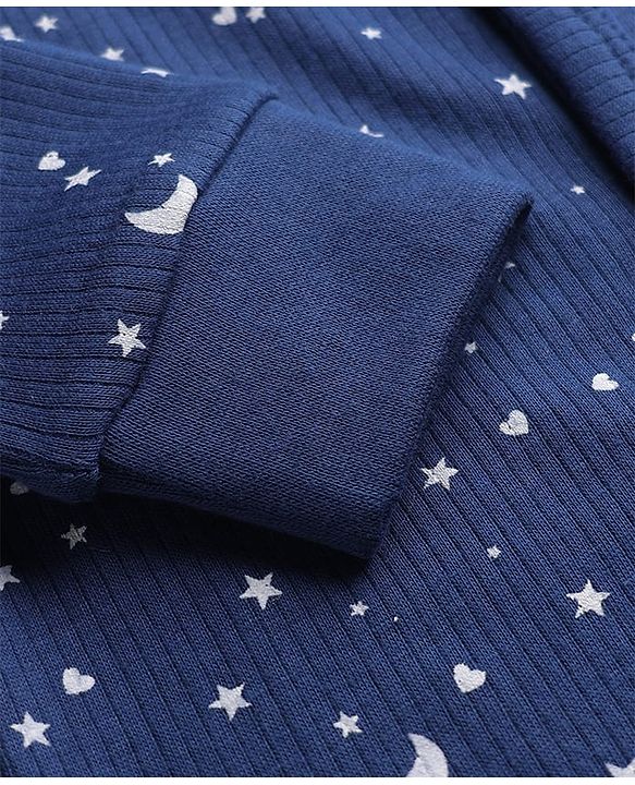 Babyhug Cotton Knit Full Sleeves Front Open Star Printed Thermal Wear Jhabla & Pant Set - Navy Blue